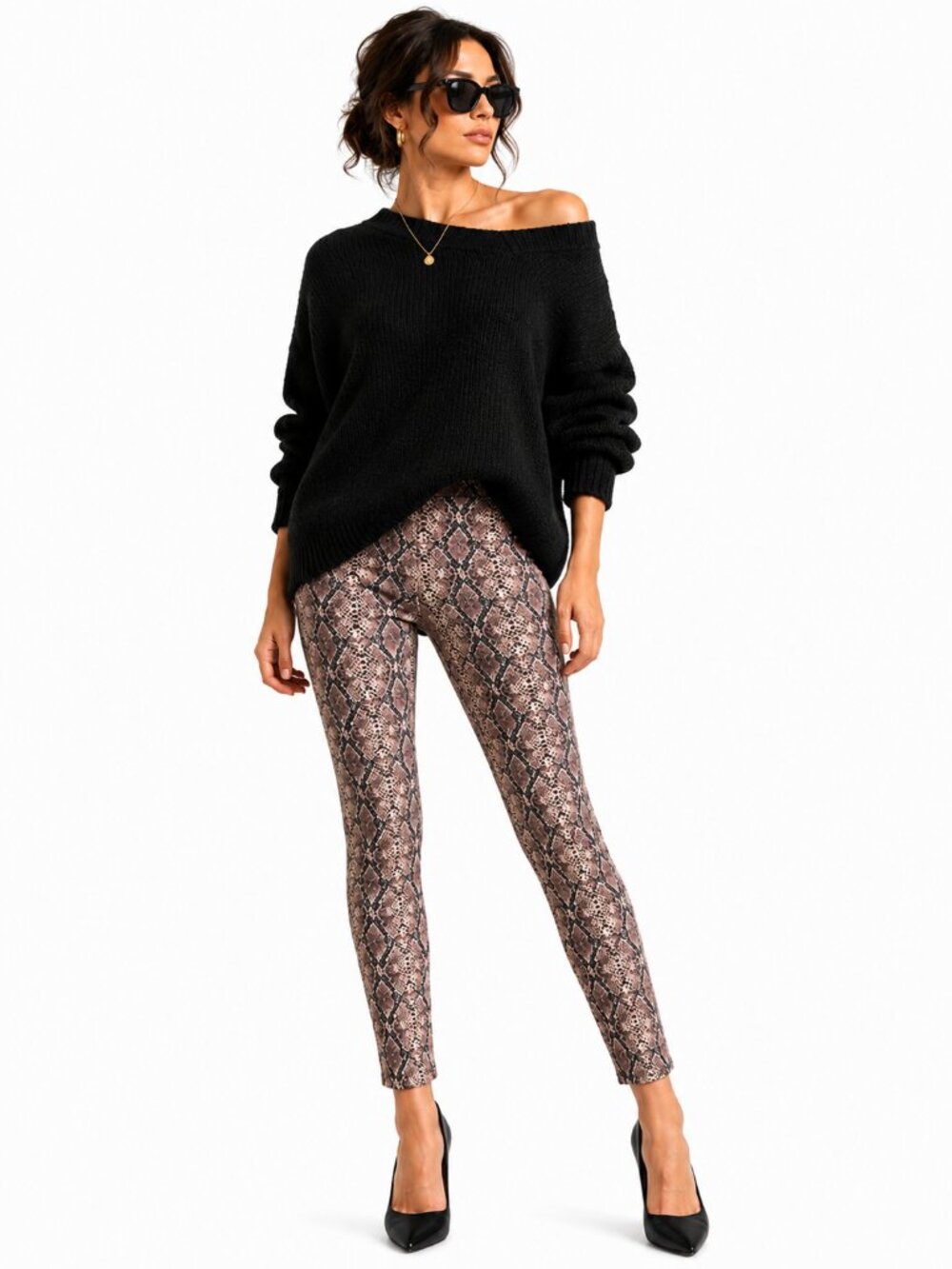 Jennifer & Grace Snakeskin Print Trouser Pull On Skinny Pants Brown Black Size M